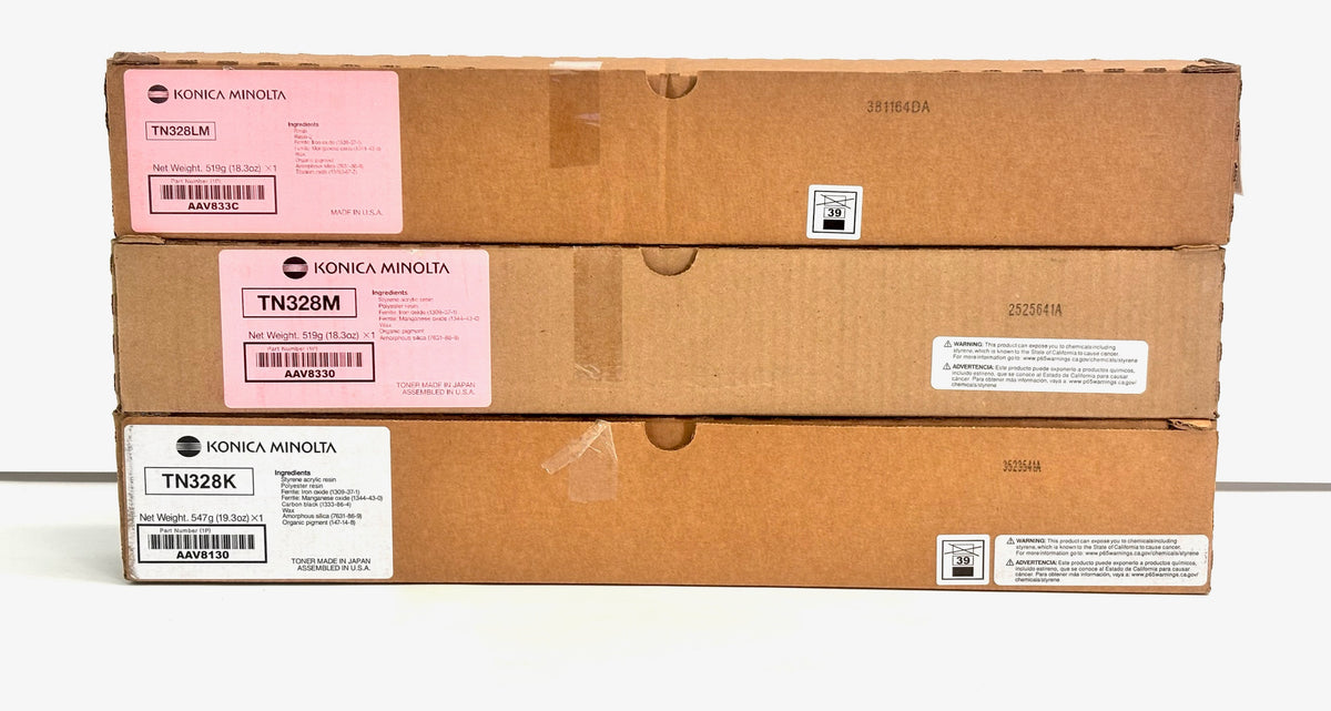 3 Genuine Konica BH C250i, C300i M,LM,K Plain Boxes Toners TN328MK,TN328LM