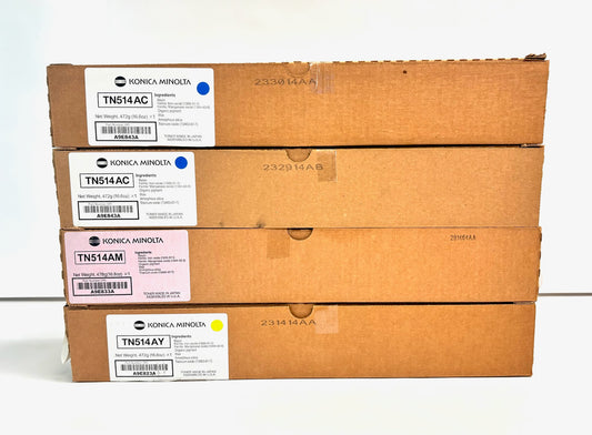 4 Genuine Konica Minolta  Bizhub C458, C558, C658 Toners TN514CCMY Plain Boxes