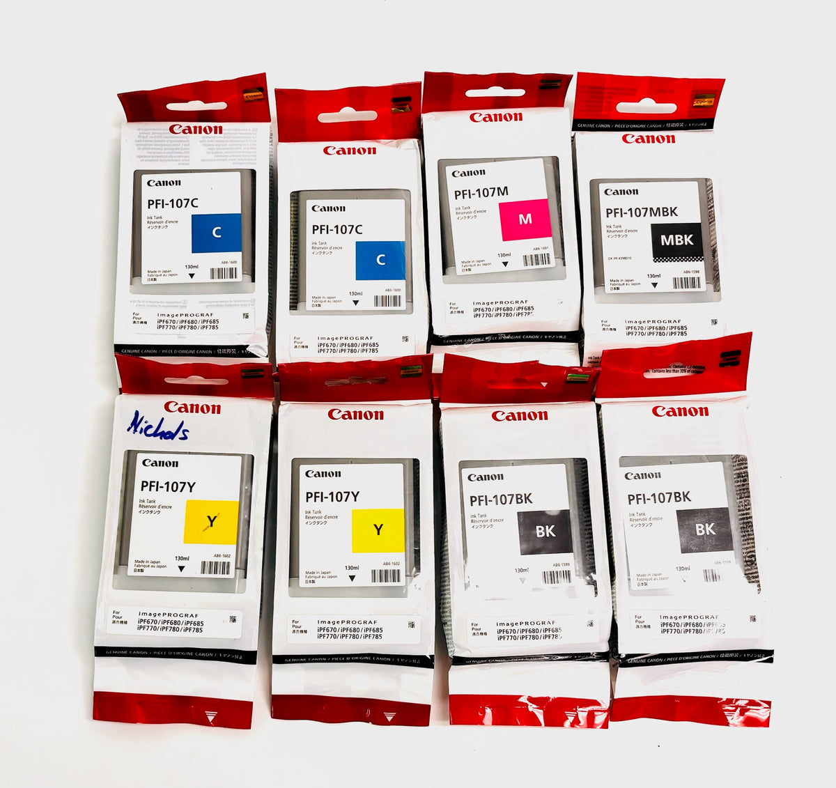 8 Genuine Canon iPF670/iPF680/iPF685 CMY, Black & MBK Inks PFI-107 (Exp 2019-27)