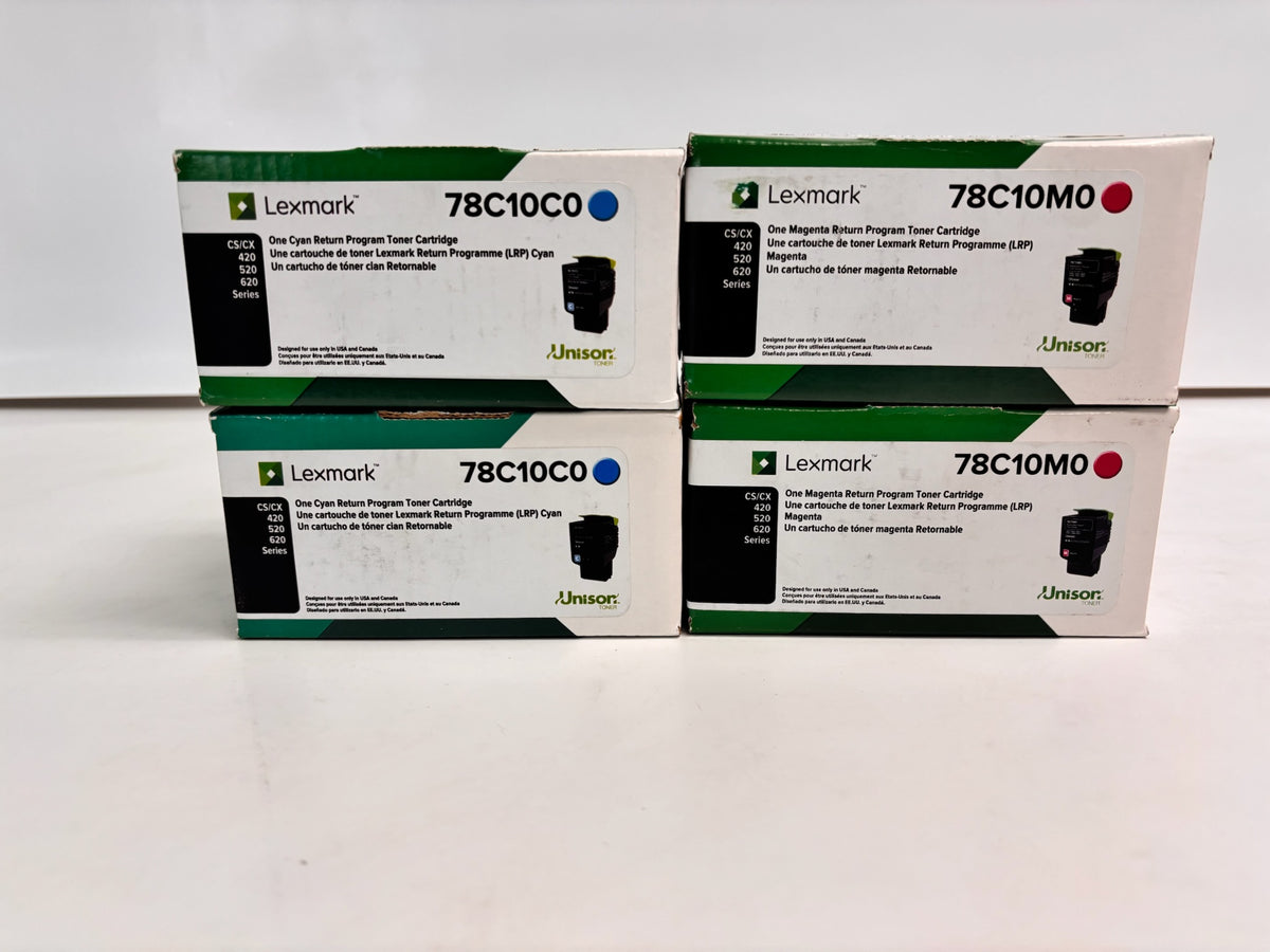 4 Genuine Lexmark CS/CX420,520,620 Cyan & Magenta Toners 78C10C0, 78C10M0