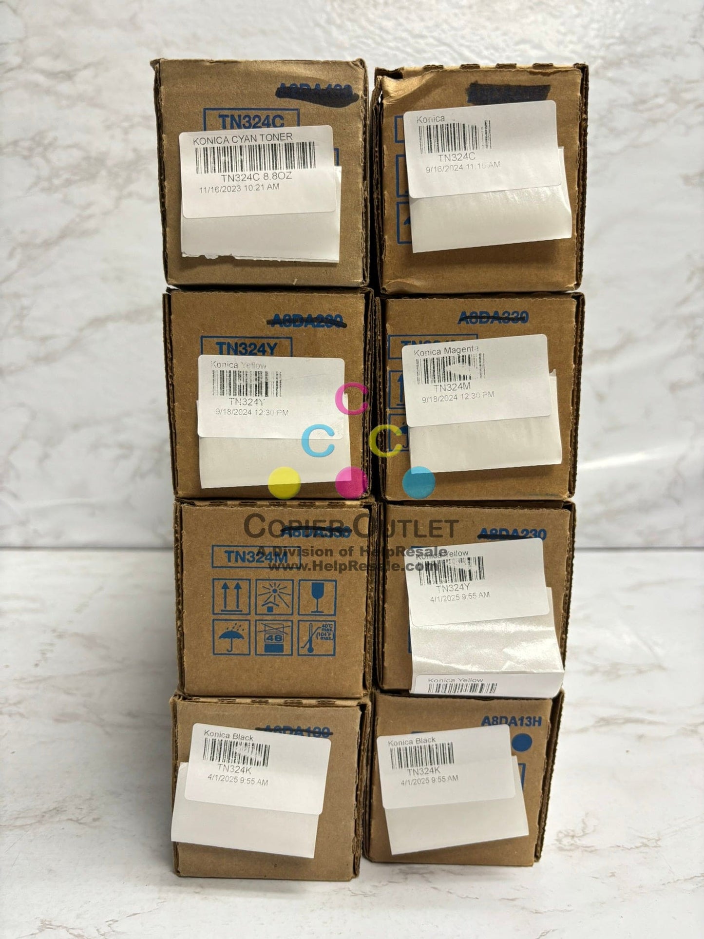 8 New Genuine Konica BizHub C258, C308, C368 TN324 CMYK Low Yield Toners (8.8oz)