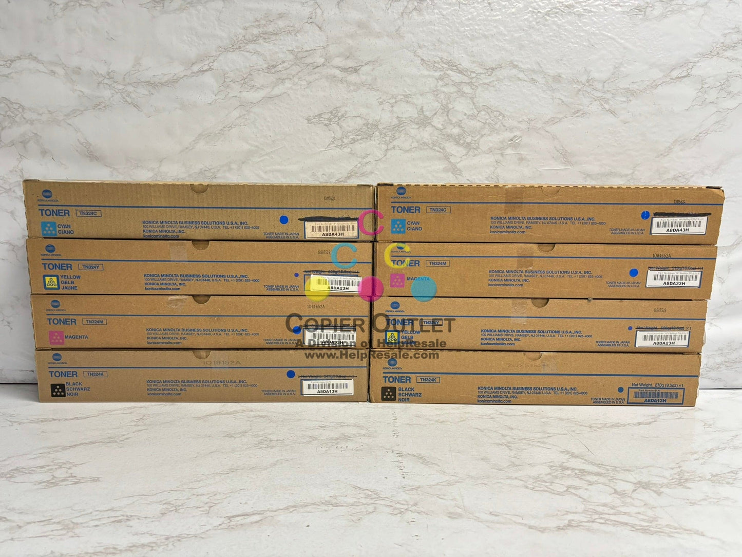 8 New Genuine Konica BizHub C258, C308, C368 TN324 CMYK Low Yield Toners (8.8oz)