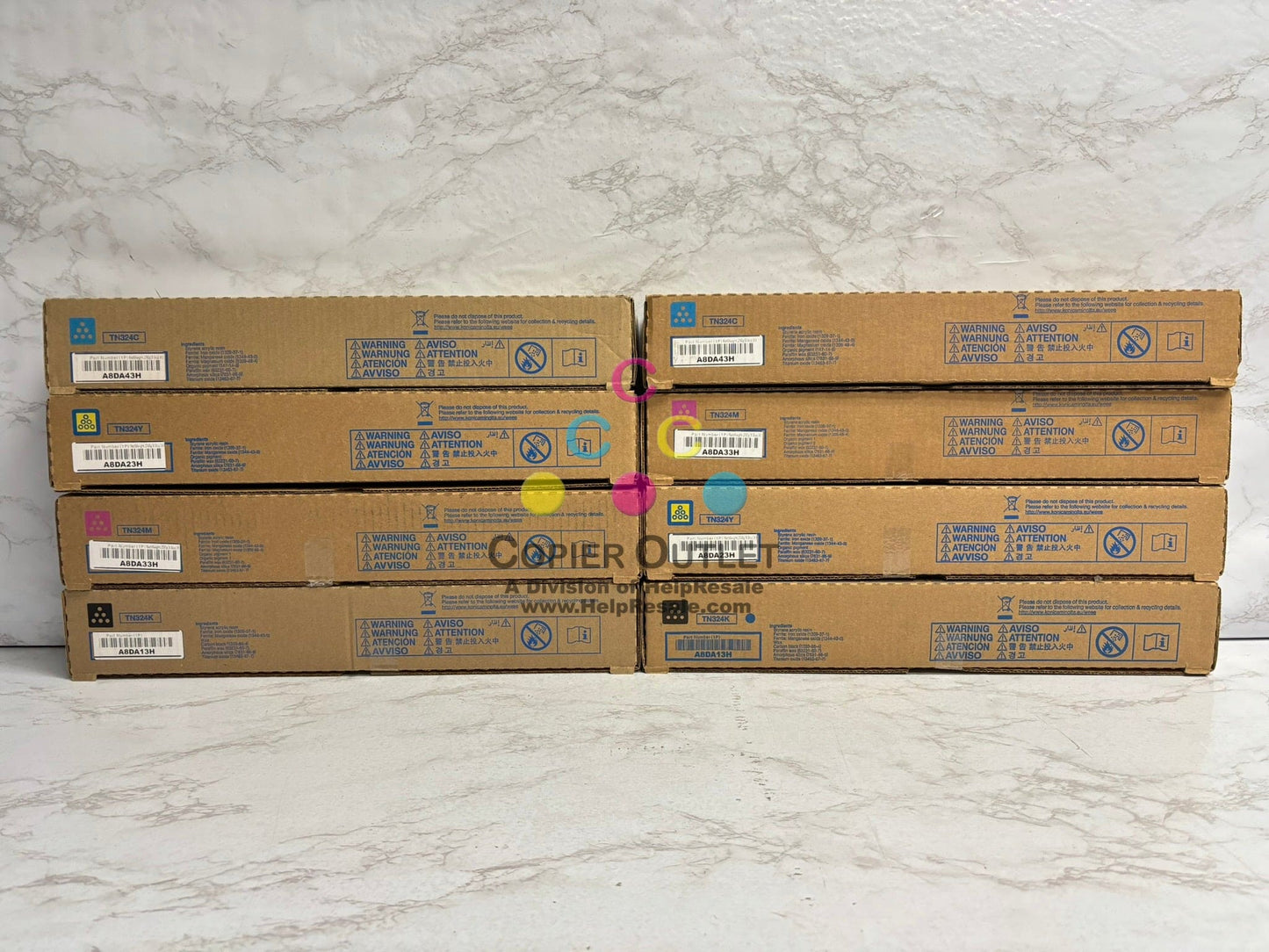 8 New Genuine Konica BizHub C258, C308, C368 TN324 CMYK Low Yield Toners (8.8oz)
