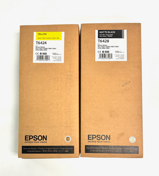 2 OEM Epson Stylus Pro 7890 Yellow & Matte Black Ink T6424,28(Exp 2014) 150mL