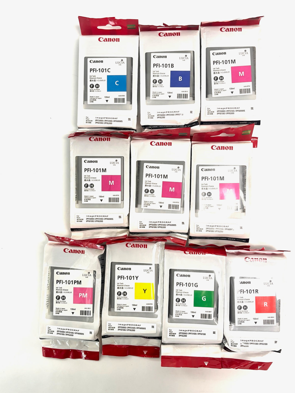 10 Genuine Canon iPF5000, iPF6100 PFI-101 Inks PFI-101 C,M,Y,PM,B,G,R (2014-2017)