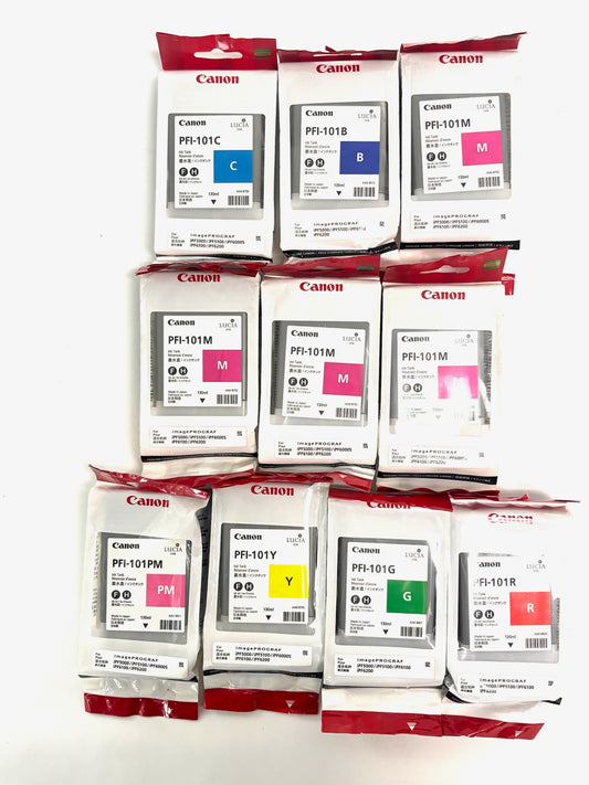 10 Genuine Canon iPF5000, iPF6100 PFI-101 Inks PFI-101 C,M,Y,PM,B,G,R (2014-2017)