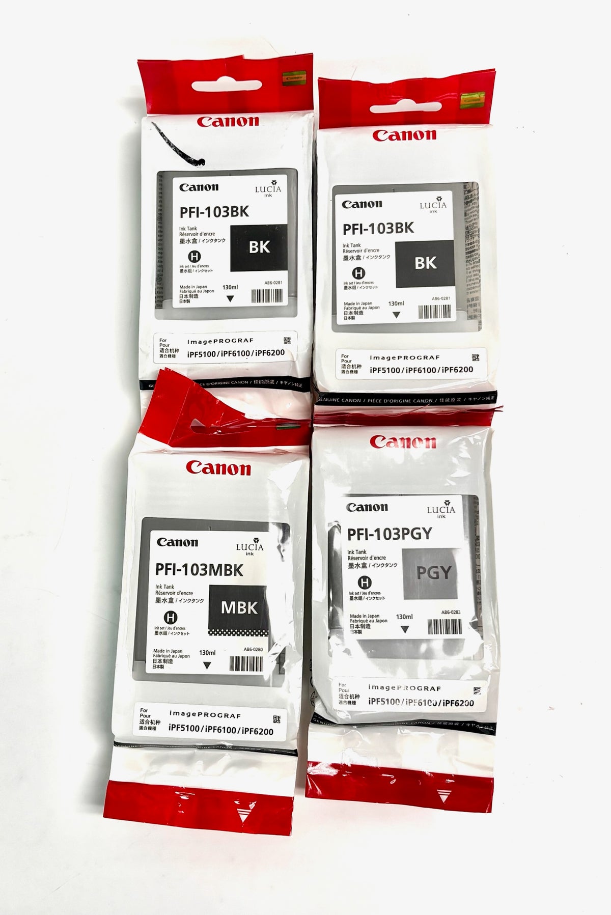 4 Genuine Canon iPF5100, iPF6100, iPF6200 Ink PFI-103BK,MBK,PGY (2014-2016)
