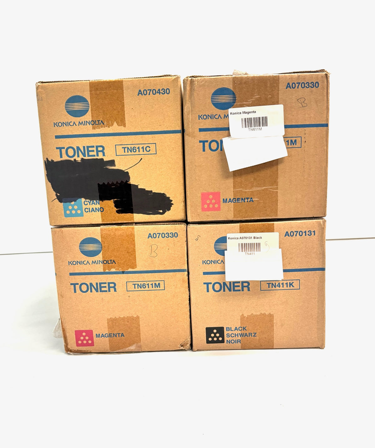 4 Cosmetic Genuine Konica Bizhub C451 Cyan, Mag & Black Toners TN611CMM, TN411K