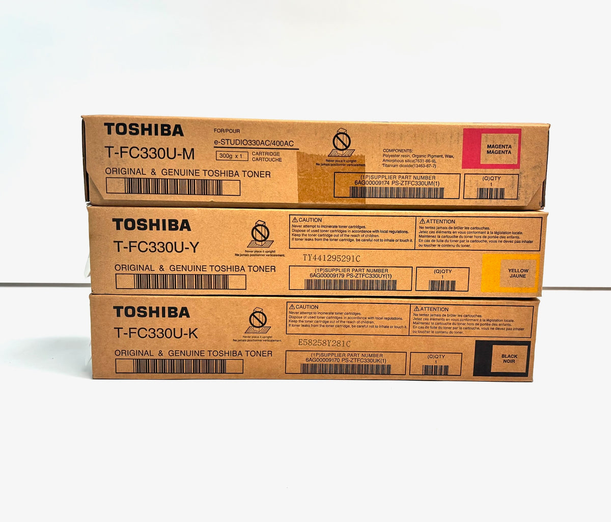 3 Genuine Toshiba 330AC,400AC Magenta, Yellow & Black Toners T-FC330U-MYK