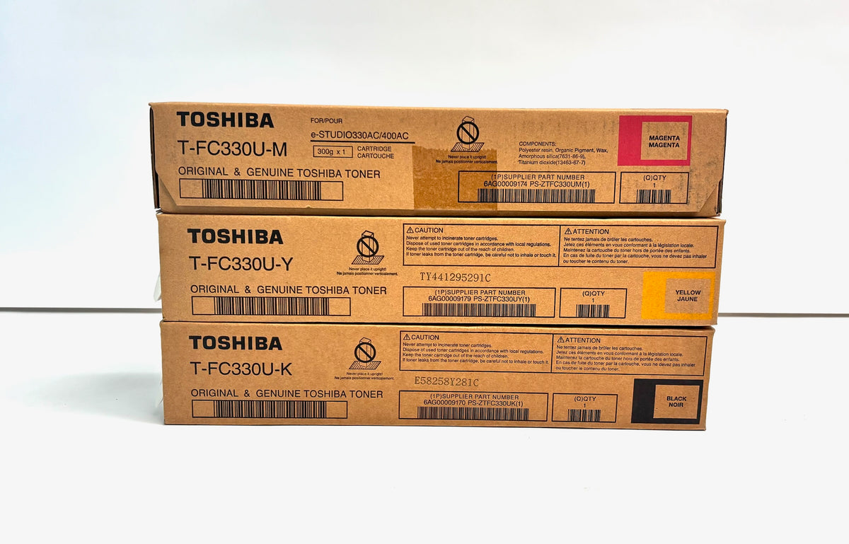 3 Genuine Toshiba 330AC,400AC Magenta, Yellow & Black Toners T-FC330U-MYK