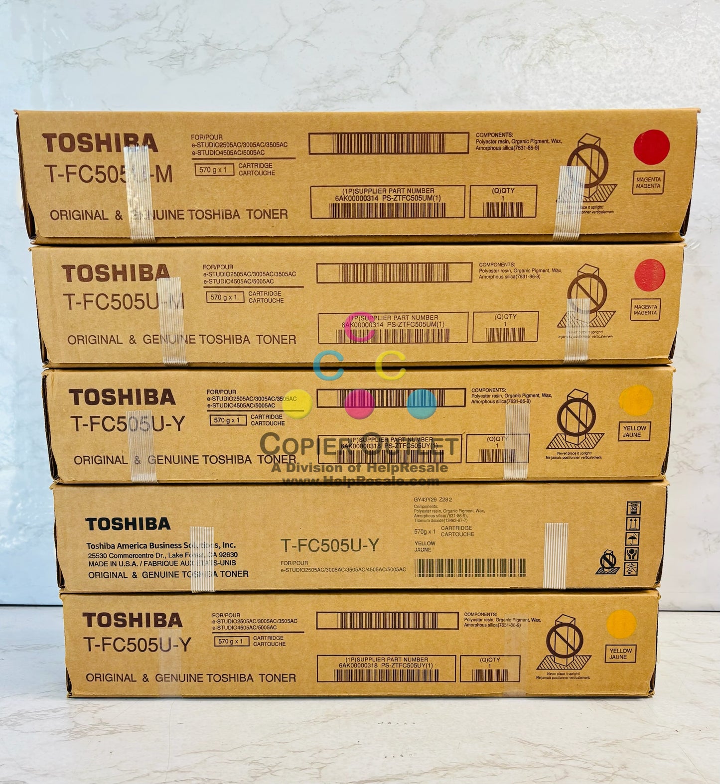 5 Genuine Toshiba E STUDIO 2505AC, 3005AC Magenta & Yellow Toner T-FC505U MY