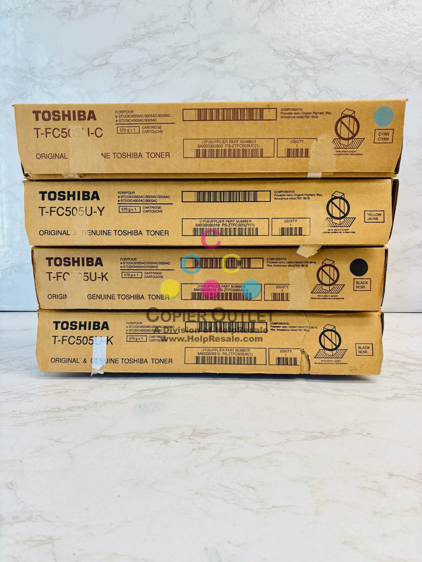 4 Open OEM Toshiba E STUDIO 2505AC, 3005AC Cyan, Yellow & Black Toner T-FC505U CYKK