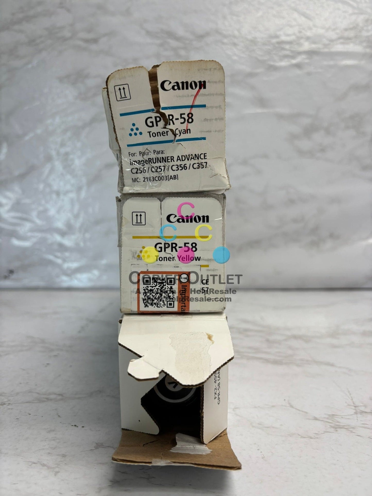 3 Open OEM Canon IRA C256,C257,C356,C357 Toners GPR-58 CYK (water damaged box)
