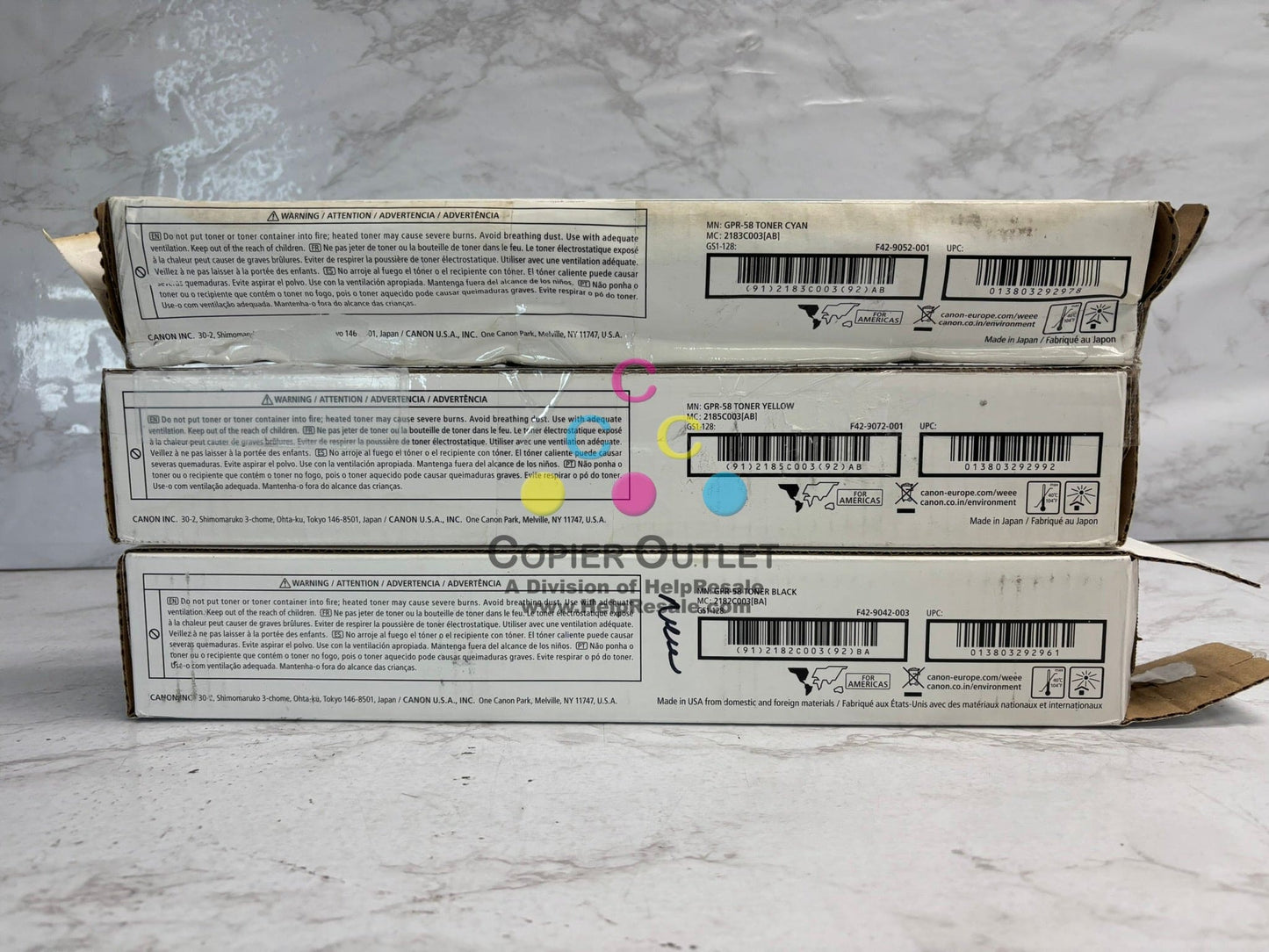 3 Open OEM Canon IRA C256,C257,C356,C357 Toners GPR-58 CYK (water damaged box)