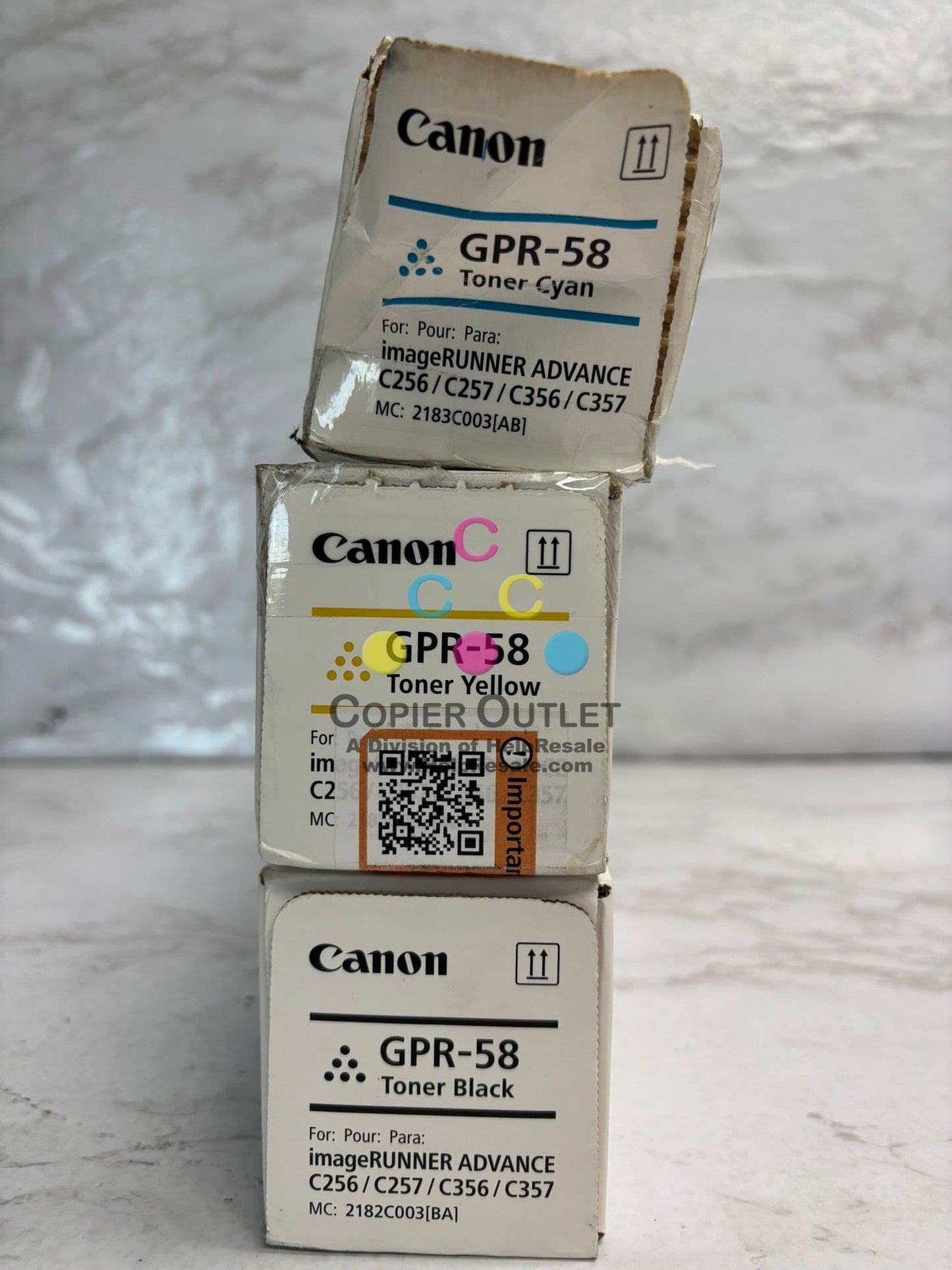 3 Open OEM Canon IRA C256,C257,C356,C357 Toners GPR-58 CYK (water damaged box)