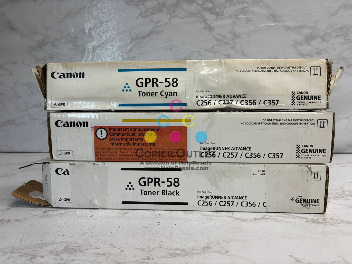 3 Open OEM Canon IRA C256,C257,C356,C357 Toners GPR-58 CYK (water damaged box)