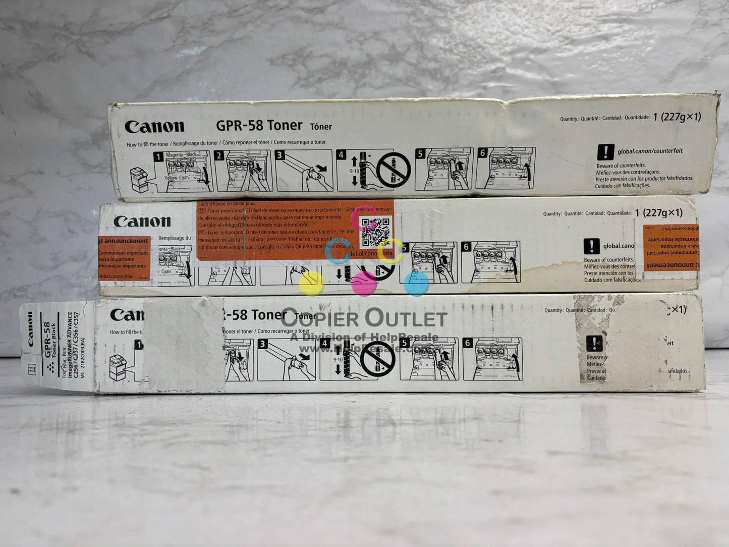 3 Open OEM Canon IRA C256,C257,C356,C357 Toners GPR-58 CYK (water damaged box)