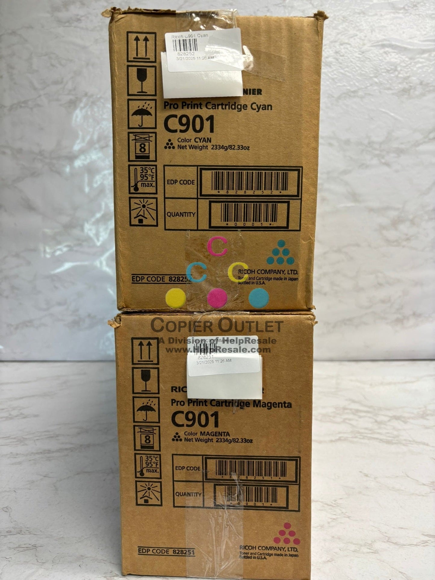 2 Genuine Ricoh Pro C901, C901S Cyan and Magenta Toners 828252 & 828251