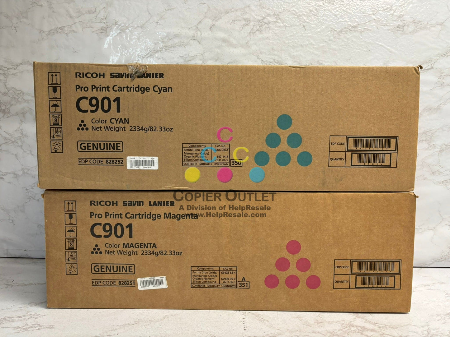 2 Genuine Ricoh Pro C901, C901S Cyan and Magenta Toners 828252 & 828251