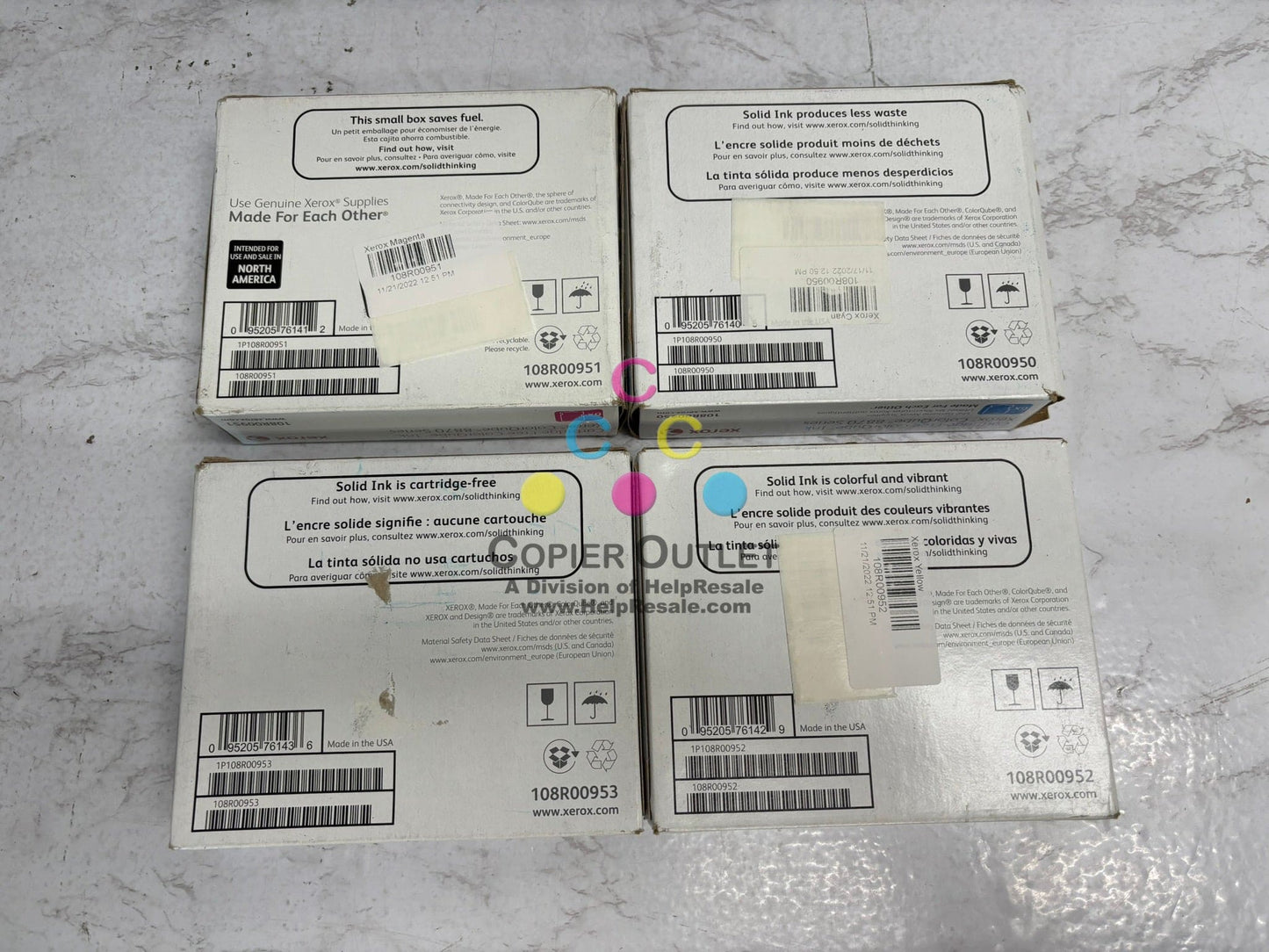 4 New OEM Xerox ColorQube 8870 CMYK Solid Inks 108R00950,51,52,53(3 sealed,1 Open)