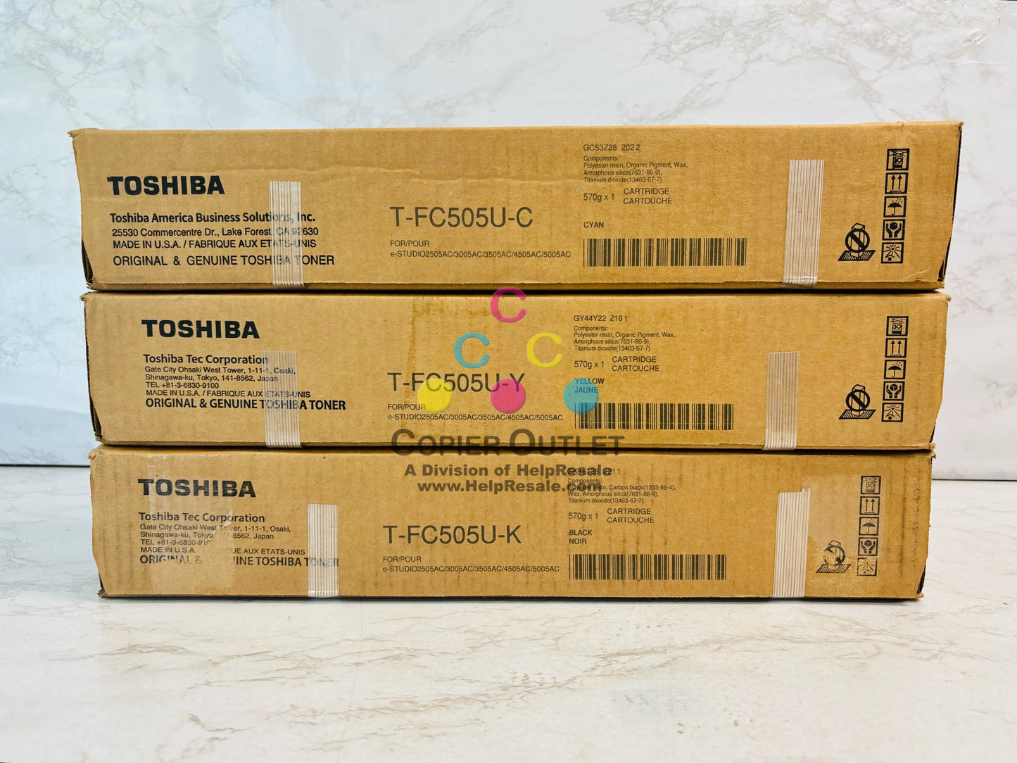 3 Genuine Toshiba E STUDIO 2505AC, 3005AC Cyan, Yellow & Black Toner T-FC505U CYK