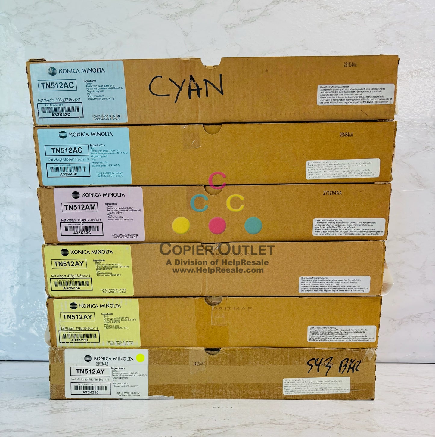 6 Cosmetic OEM Konica BH C454e, C554e Cyan, Magenta & Yellow Toner TN512 CCMYYY