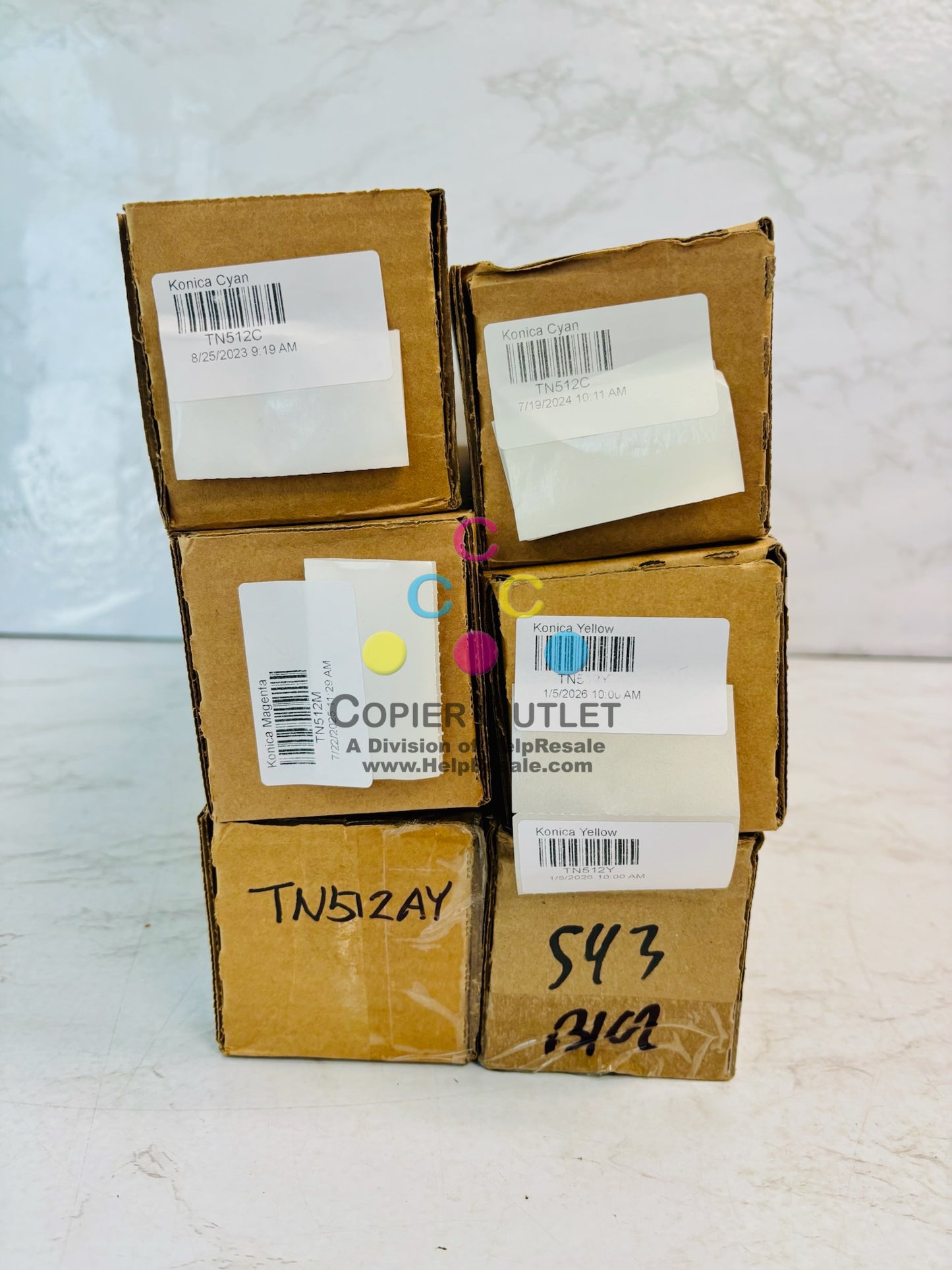 6 Cosmetic OEM Konica BH C454e, C554e Cyan, Magenta & Yellow Toner TN512 CCMYYY