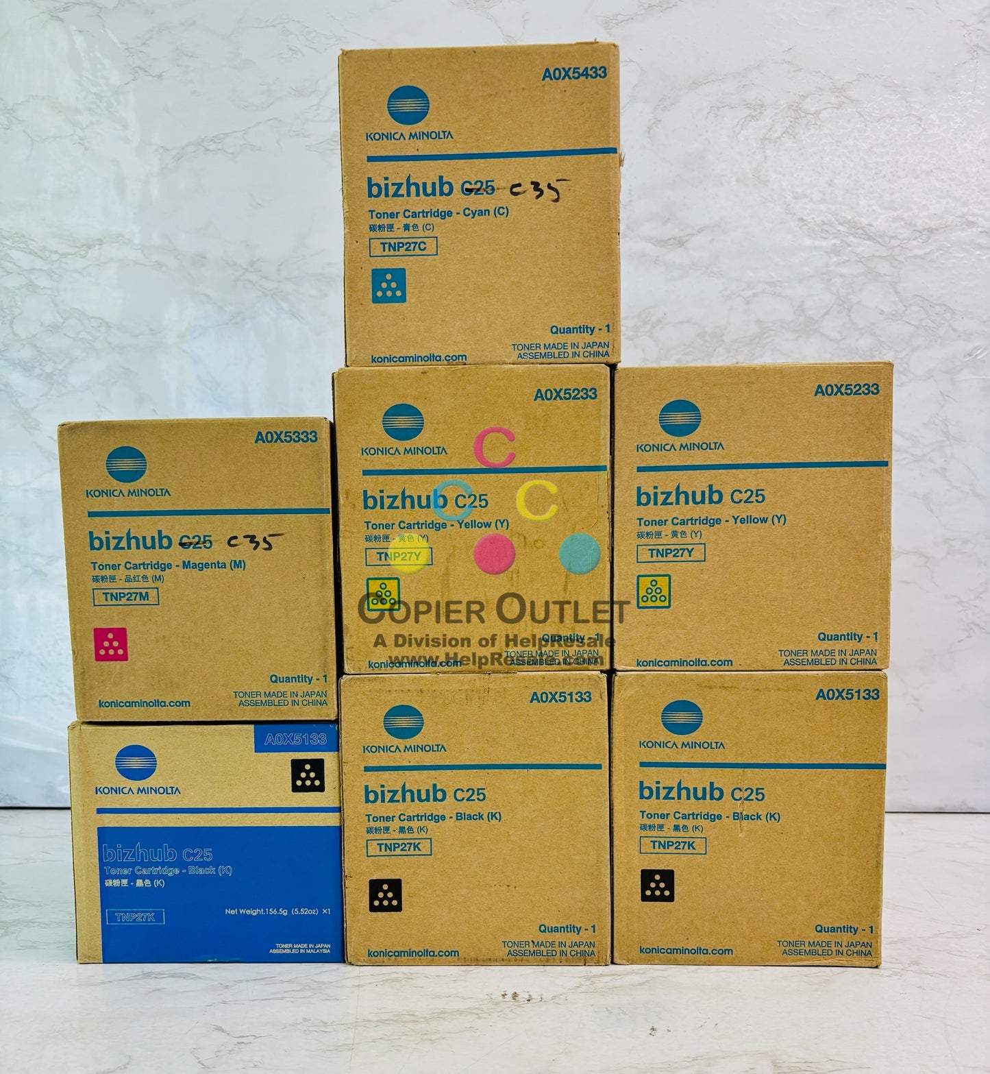 7 Open Genuine Konica BH C25 Cyan, Magenta, Yellow & Black Toner TNP27 CMYYKKK