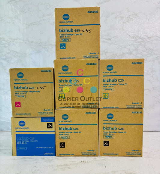 7 Open Genuine Konica BH C25 Cyan, Magenta, Yellow & Black Toner TNP27 CMYYKKK
