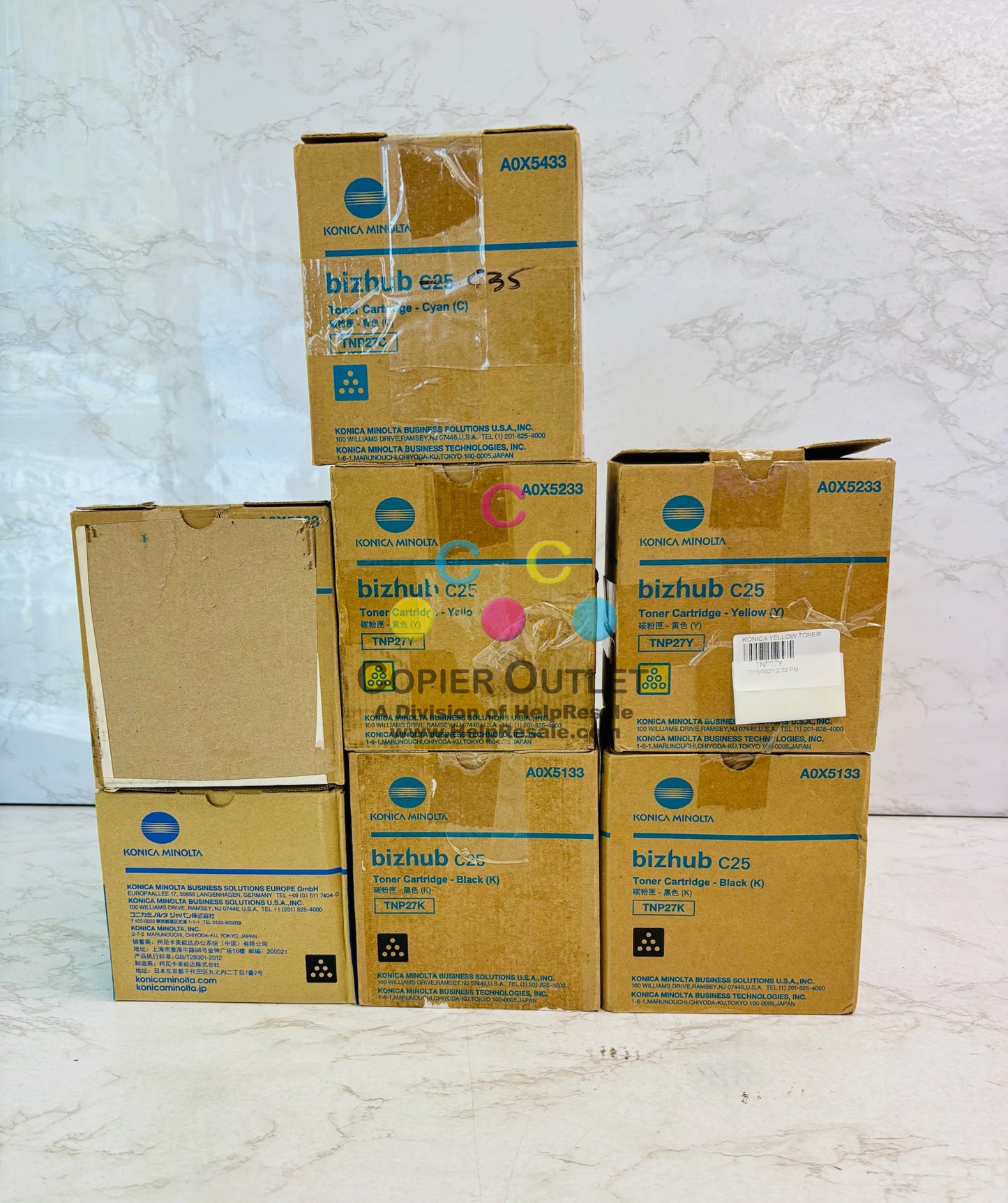 7 Open Genuine Konica BH C25 Cyan, Magenta, Yellow & Black Toner TNP27 CMYYKKK