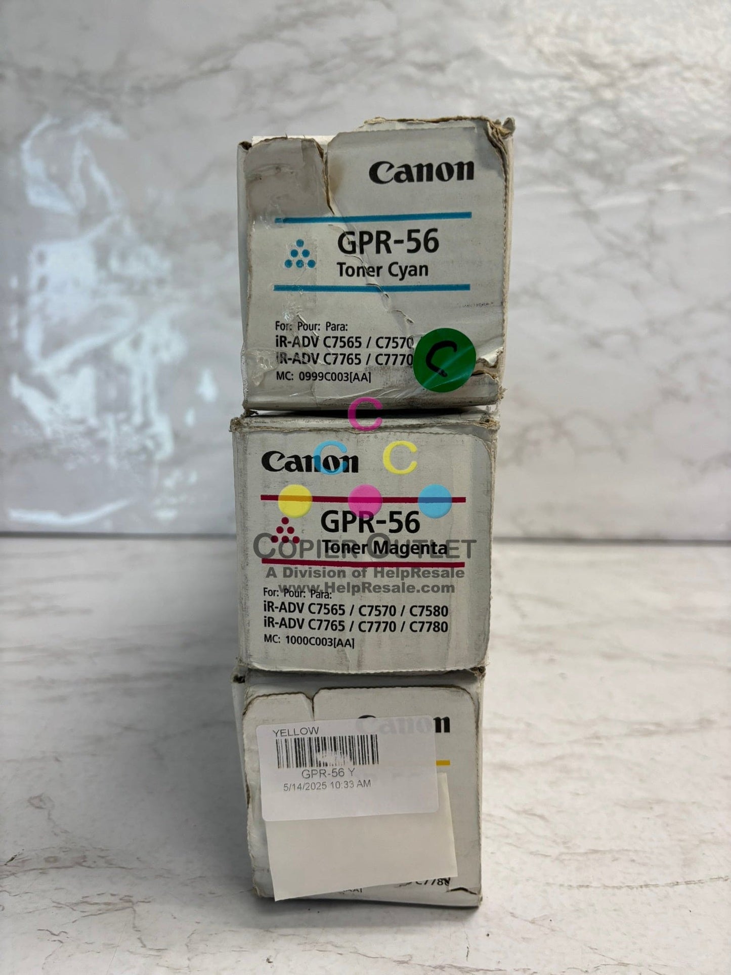 3 OEM Canon IRA C7565,C7570,C7580,C7765,C7770 GPR-56 CMY Toners (Open Yellow)
