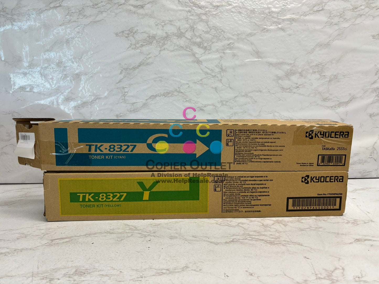 2 OEM Kyocera TASKalfa 2551ci, CS2551ci TK-8327 Cyan & Yellow Toners (Open Cyan)