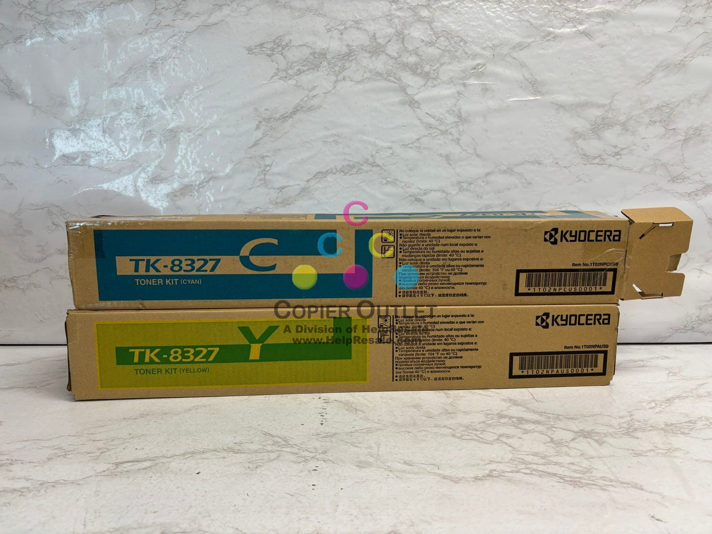 2 OEM Kyocera TASKalfa 2551ci, CS2551ci TK-8327 Cyan & Yellow Toners (Open Cyan)