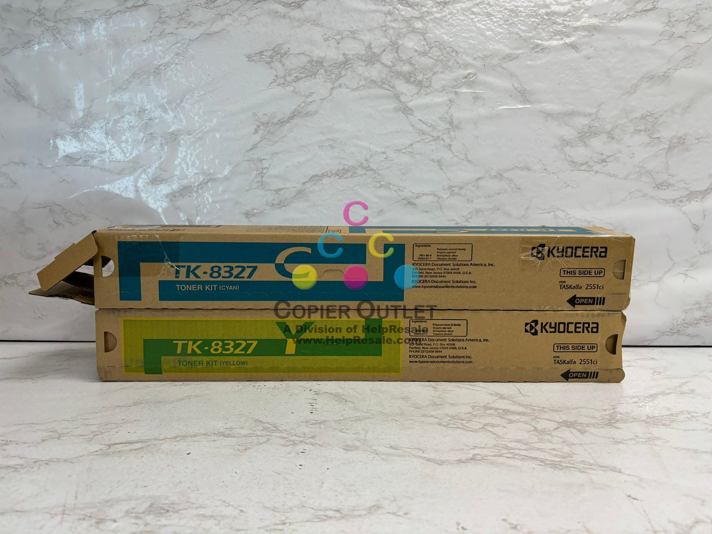 2 OEM Kyocera TASKalfa 2551ci, CS2551ci TK-8327 Cyan & Yellow Toners (Open Cyan)