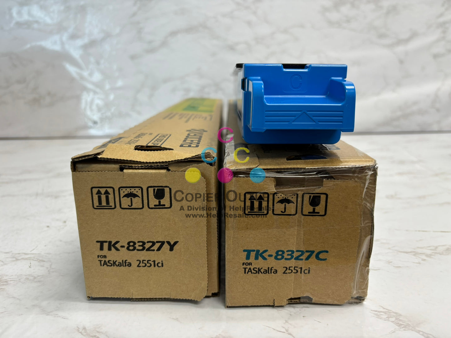 2 OEM Kyocera TASKalfa 2551ci, CS2551ci TK-8327 Cyan & Yellow Toners (Open Cyan)