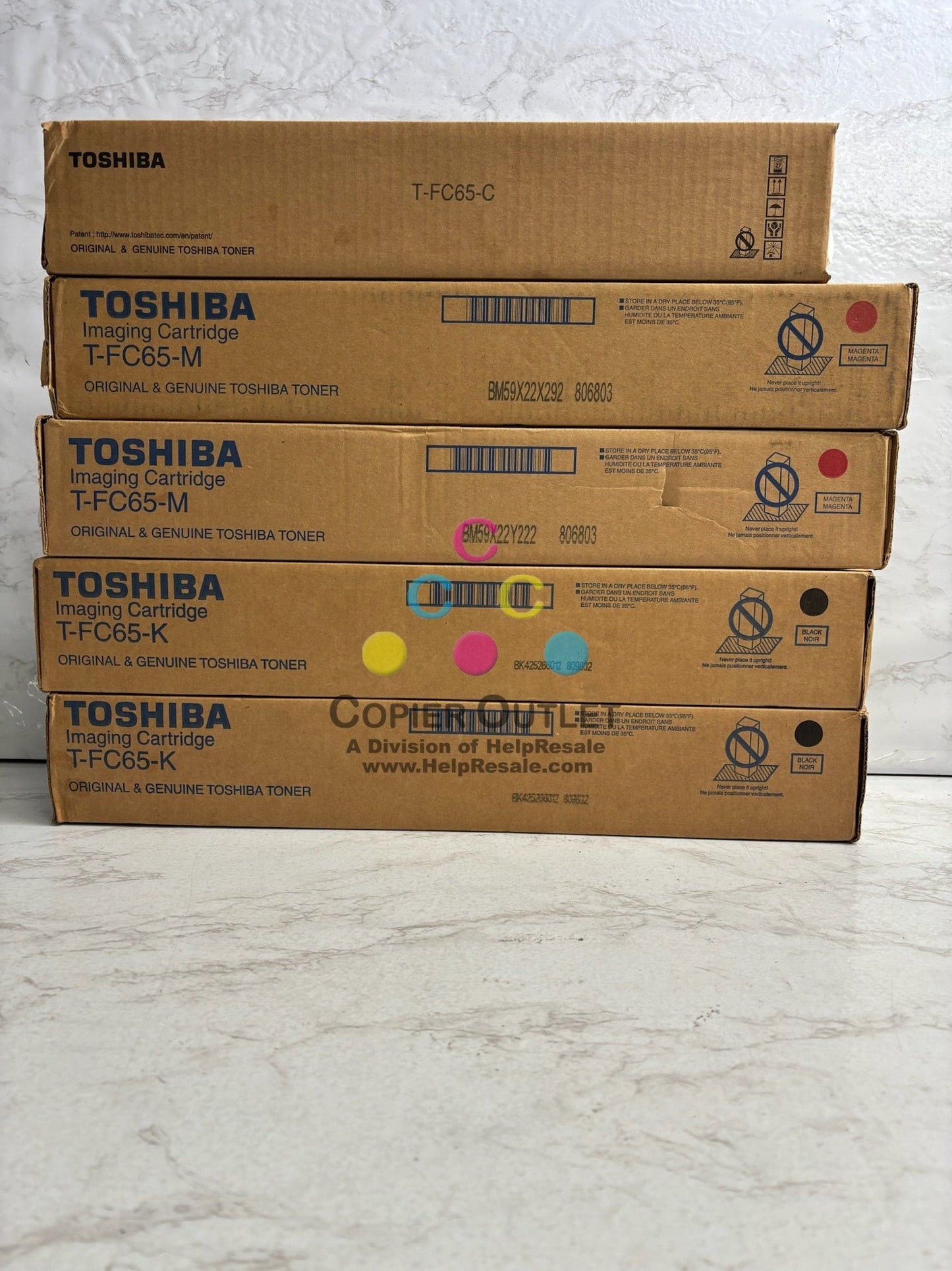 5 New Genuine Toshiba e-Studio 5540C, 6540C, CMMKK Toners T-FC65 (No Yellow)