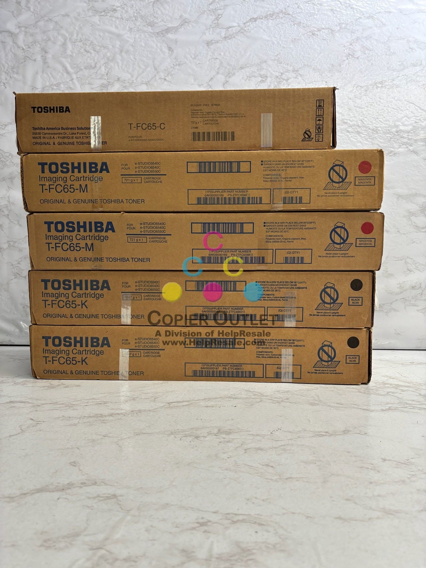 5 New Genuine Toshiba e-Studio 5540C, 6540C, CMMKK Toners T-FC65 (No Yellow)