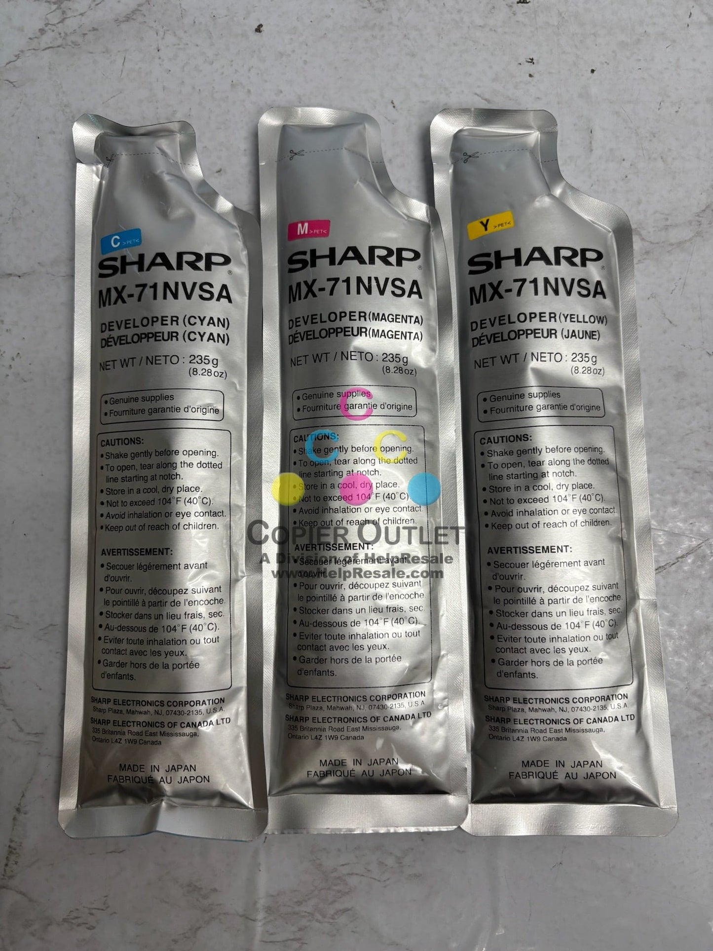 3 OEM Sharp MX-6201, MX-6201N, MX-7001N CMY Developers MX-71NVSA / MX71NVSA