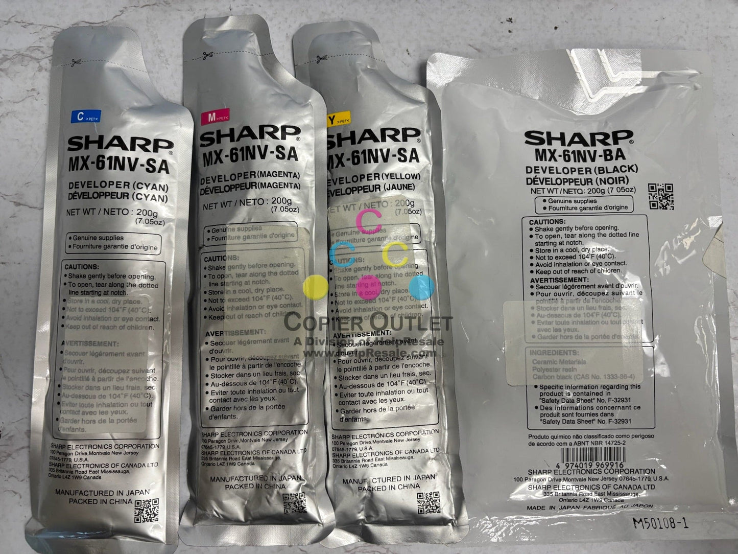 4 New OEM Sharp MX-2630N,MX-2651 CMYK Developers MX-61NV-BA / MX-61NV-SA