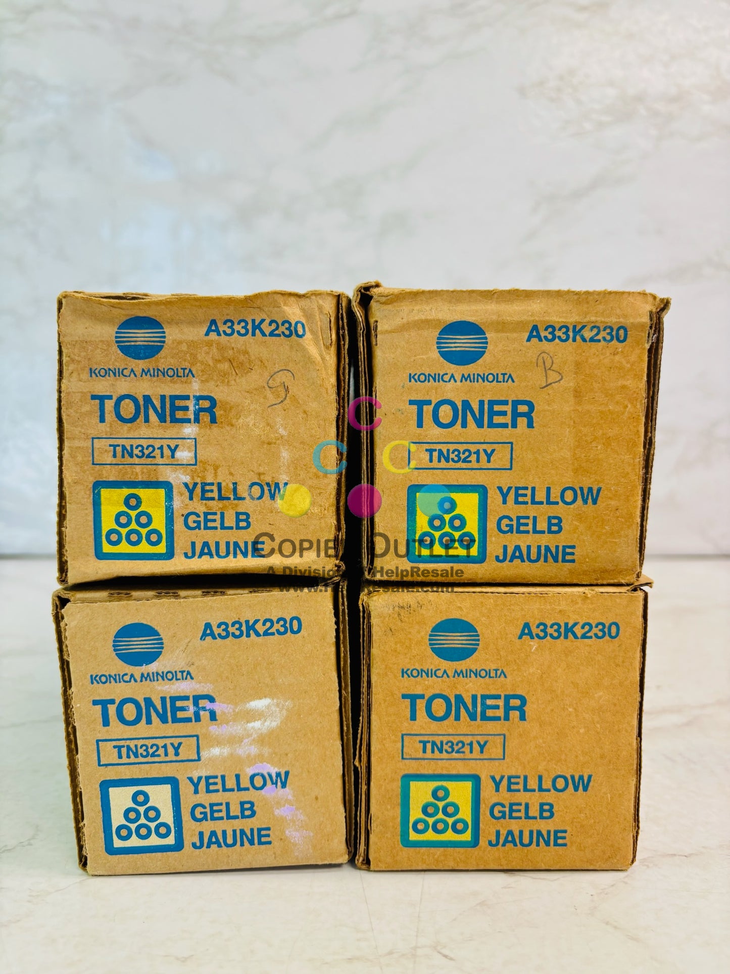 4 Genuine Konica Minolta bizhub C224, C224e Yellow Toner TN321Y (Bad Box)
