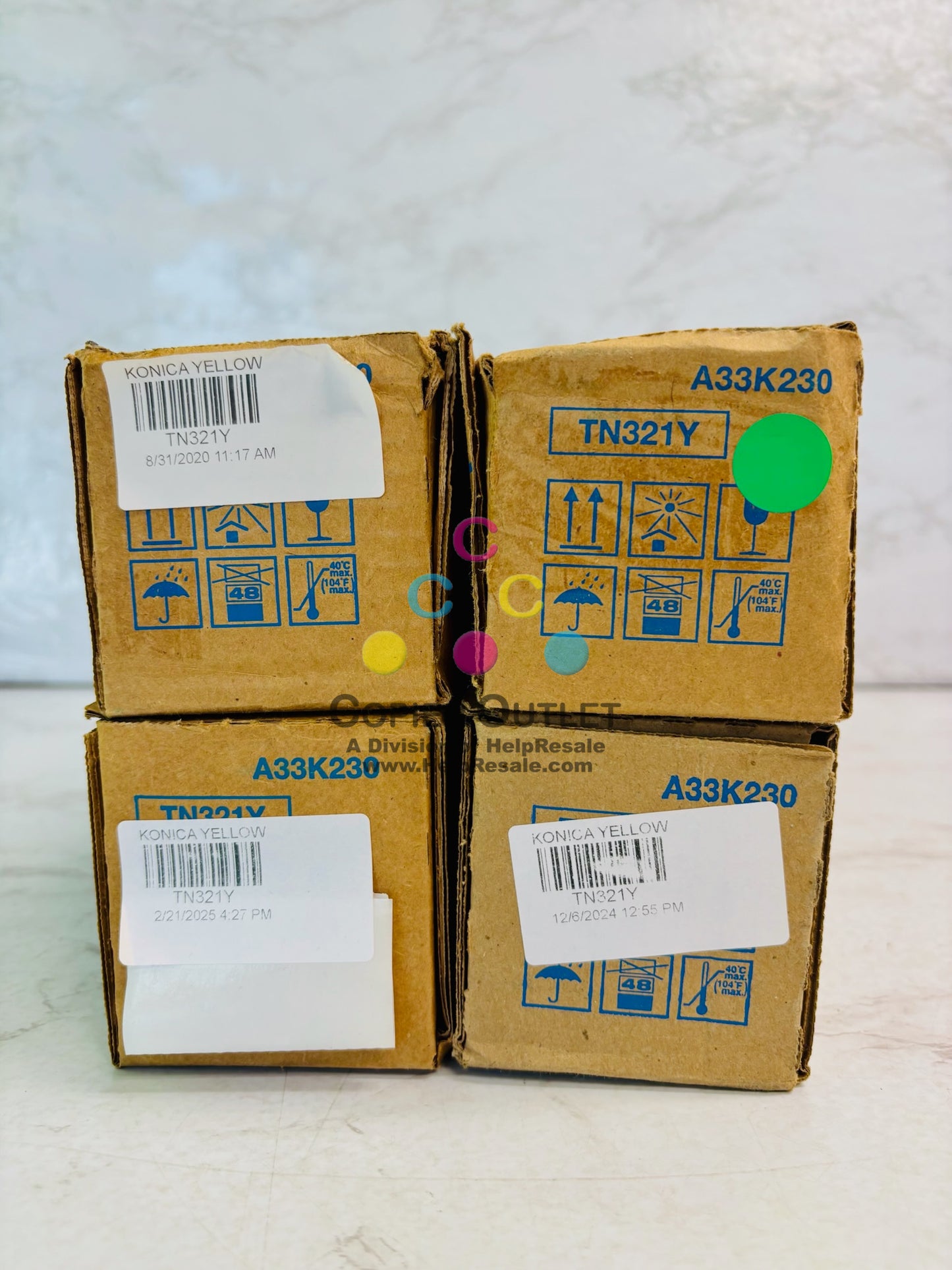 4 Genuine Konica Minolta bizhub C224, C224e Yellow Toner TN321Y (Bad Box)