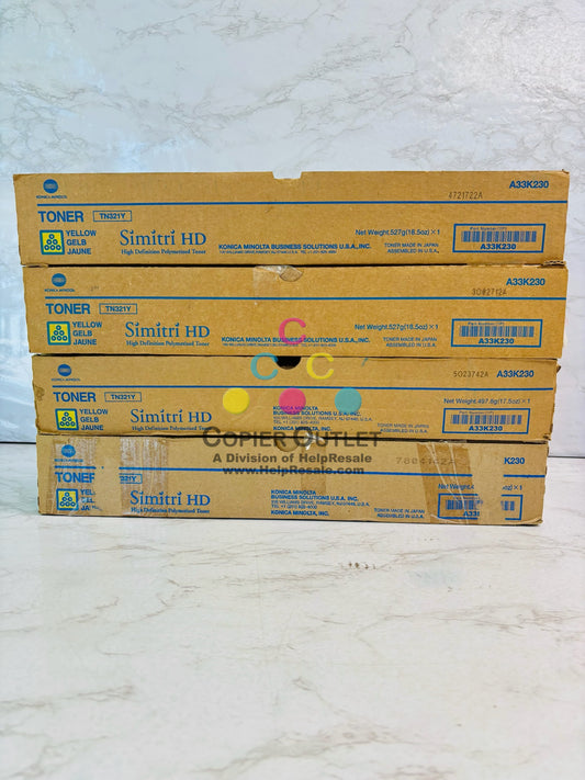 4 Genuine Konica Minolta bizhub C224, C224e Yellow Toner TN321Y (Bad Box)