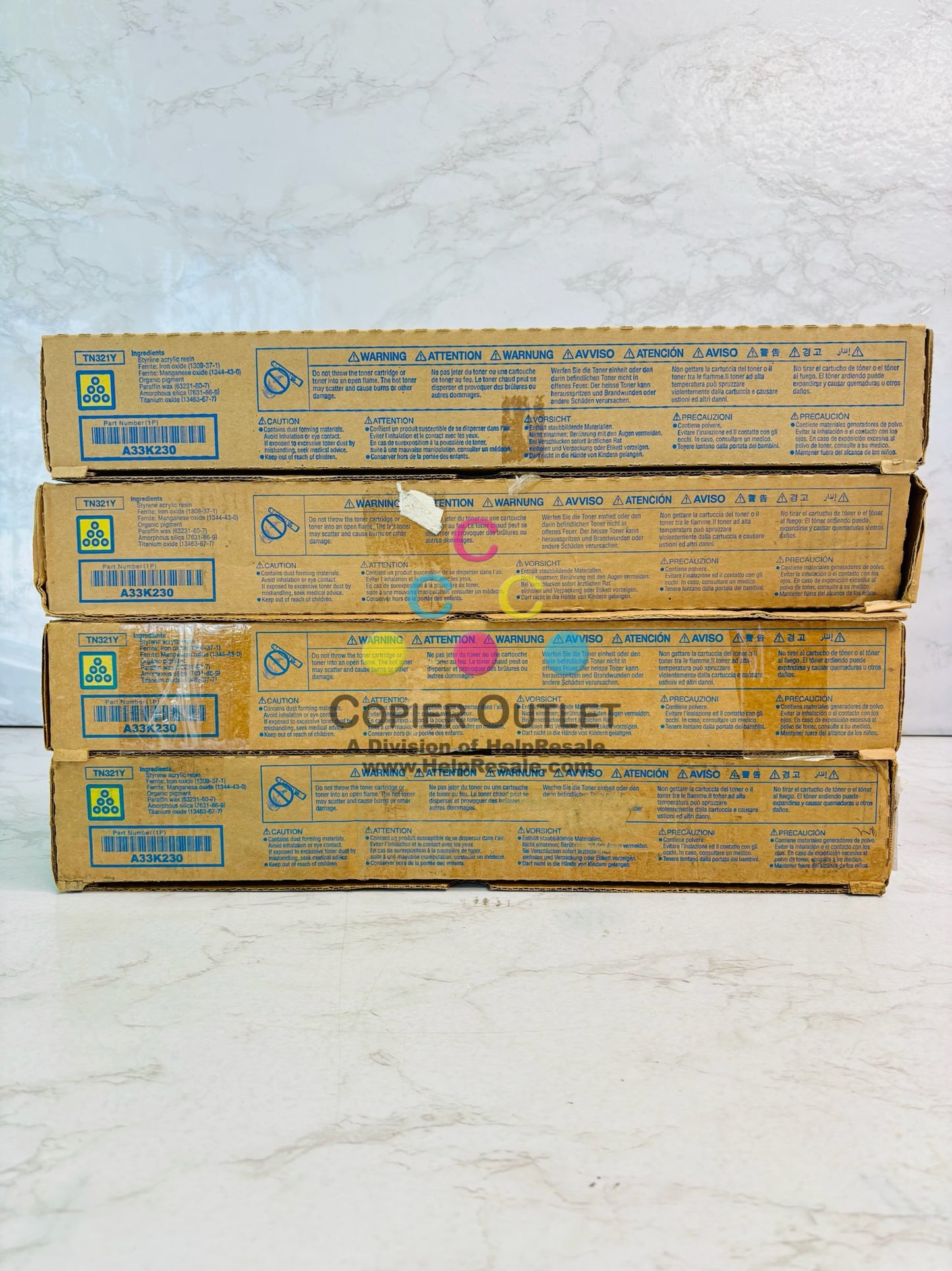 4 Genuine Konica Minolta bizhub C224, C224e Yellow Toner TN321Y (Bad Box)