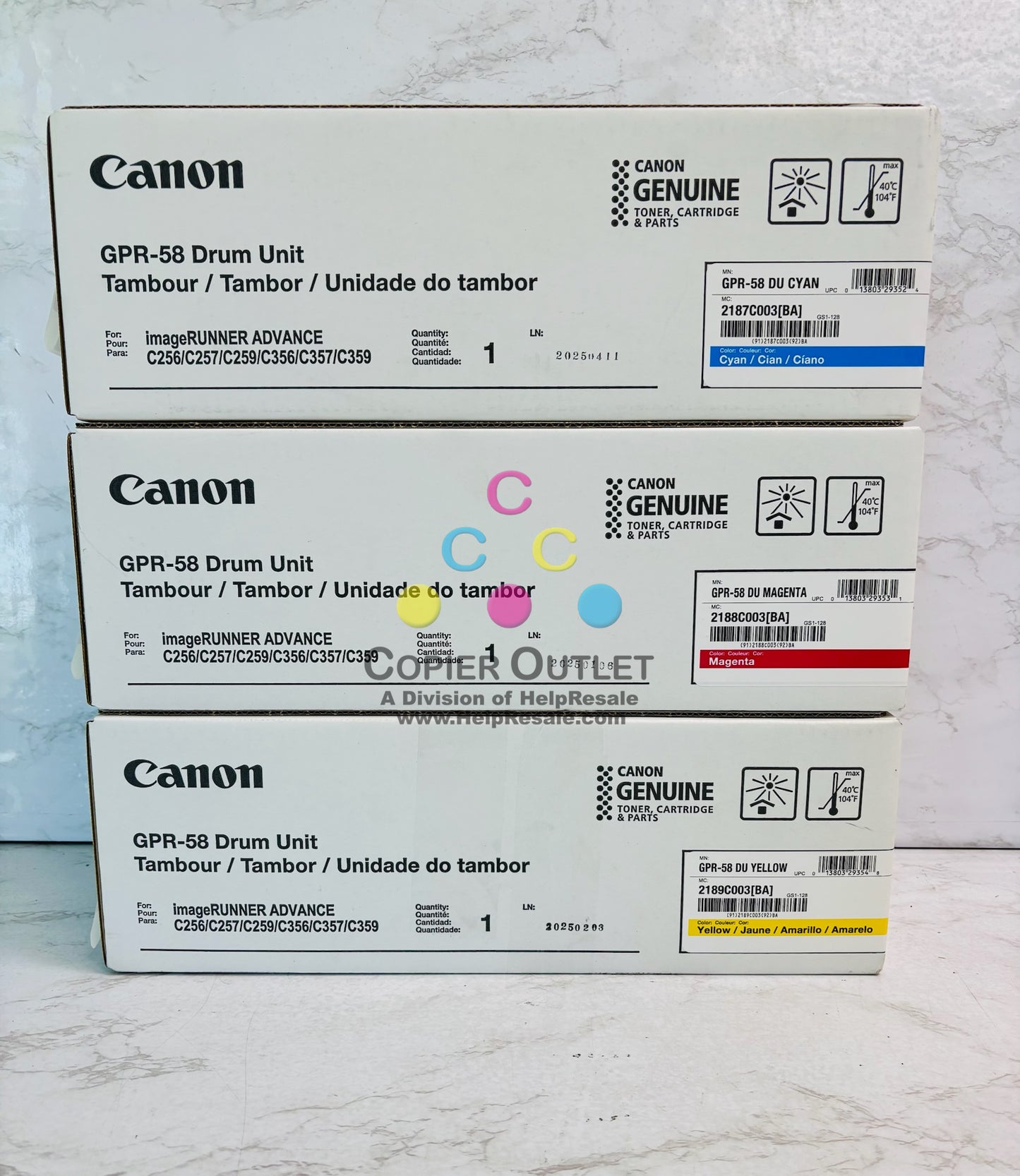 3 Genuine Canon iR Adv. C256,C259 Cyan, Magenta, Yellow Drum Unit GPR58, GPR-58 CMY