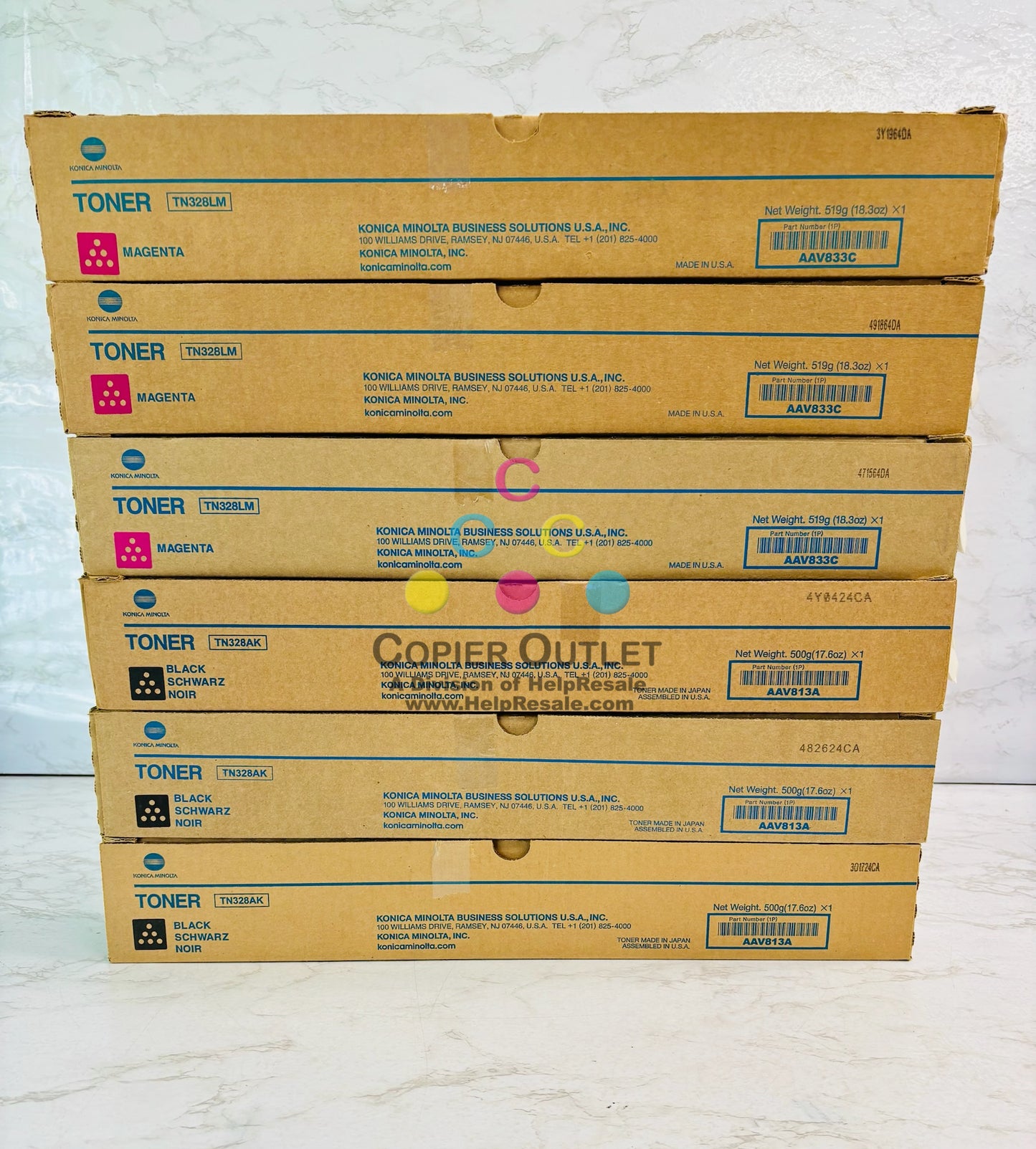 6 Genuine Konica Minolta BH C250i,C251i,C300i Magenta & Black Toner TN328LM, TN328AK