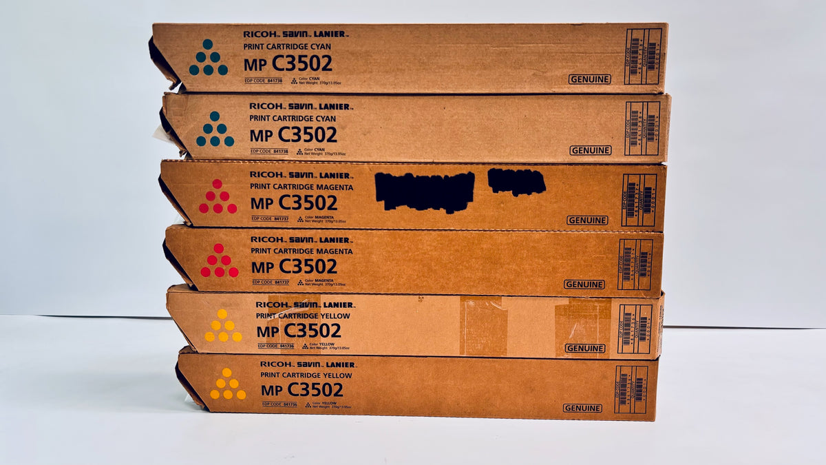 6 OEM Ricoh Afico MPC3002, C3502 Cyan, Magenta & Yellow Toners 841736,37,38