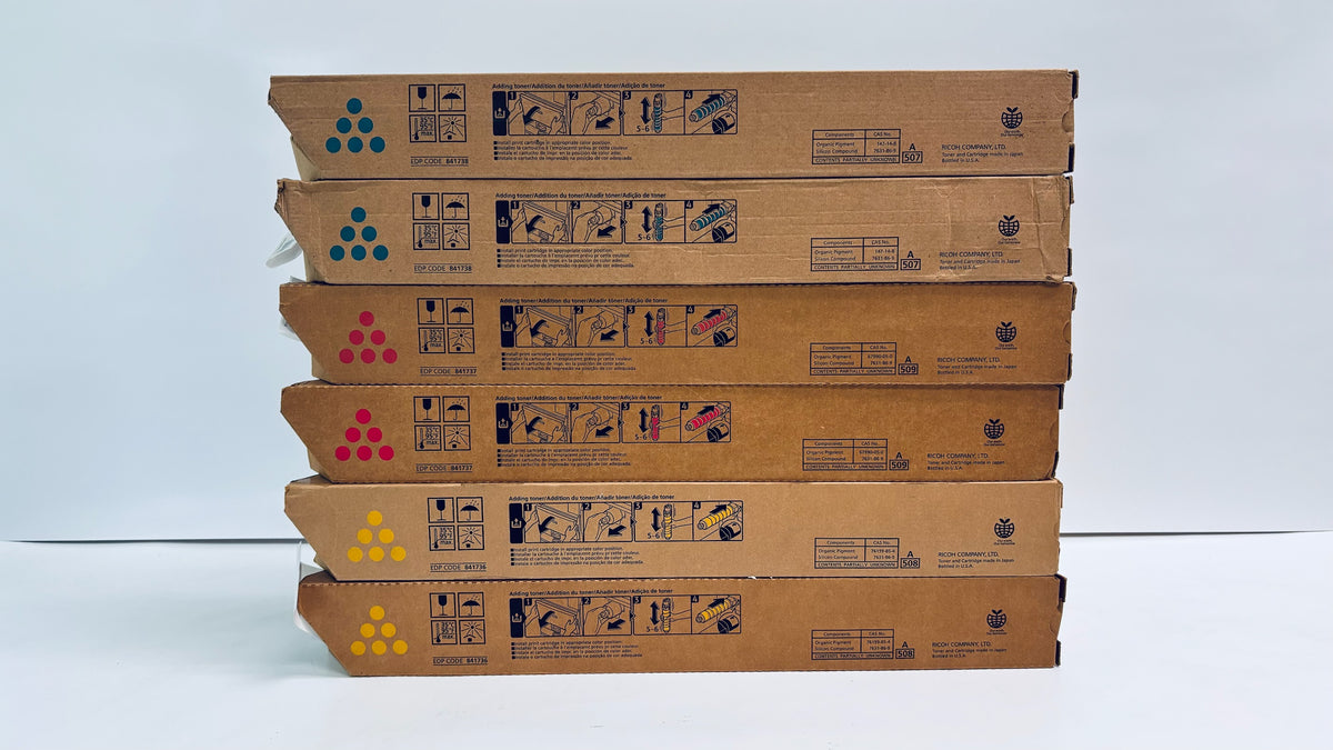 6 OEM Ricoh Afico MPC3002, C3502 Cyan, Magenta & Yellow Toners 841736,37,38