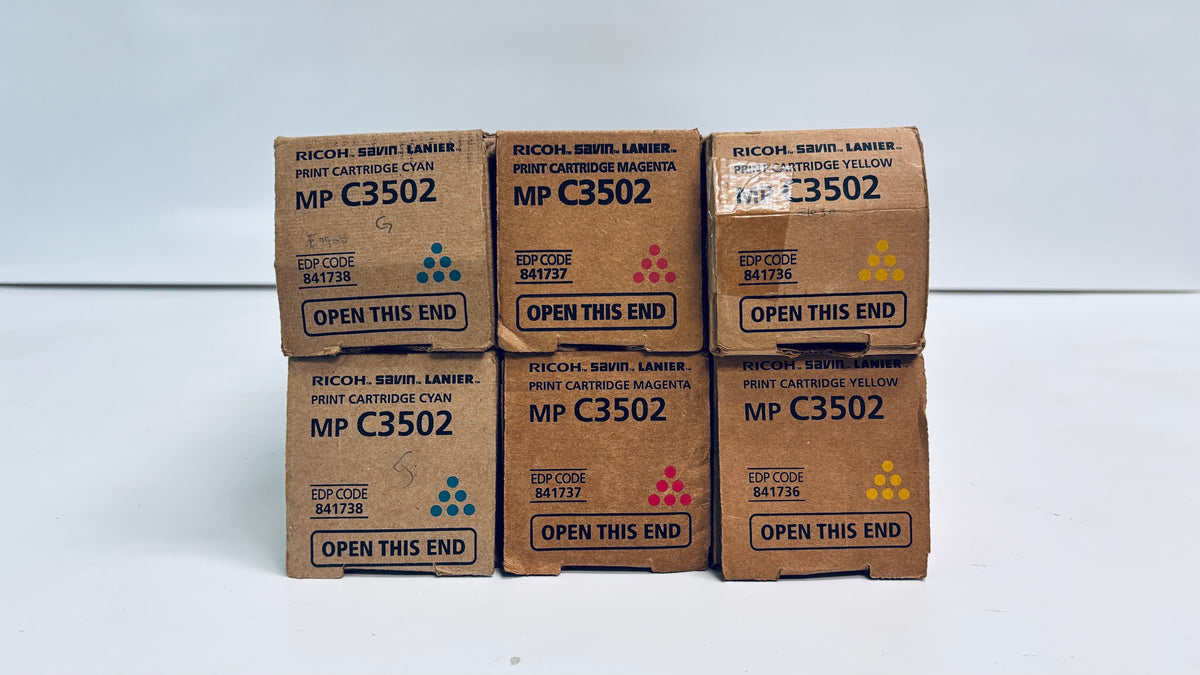 6 OEM Ricoh Afico MPC3002, C3502 Cyan, Magenta & Yellow Toners 841736,37,38