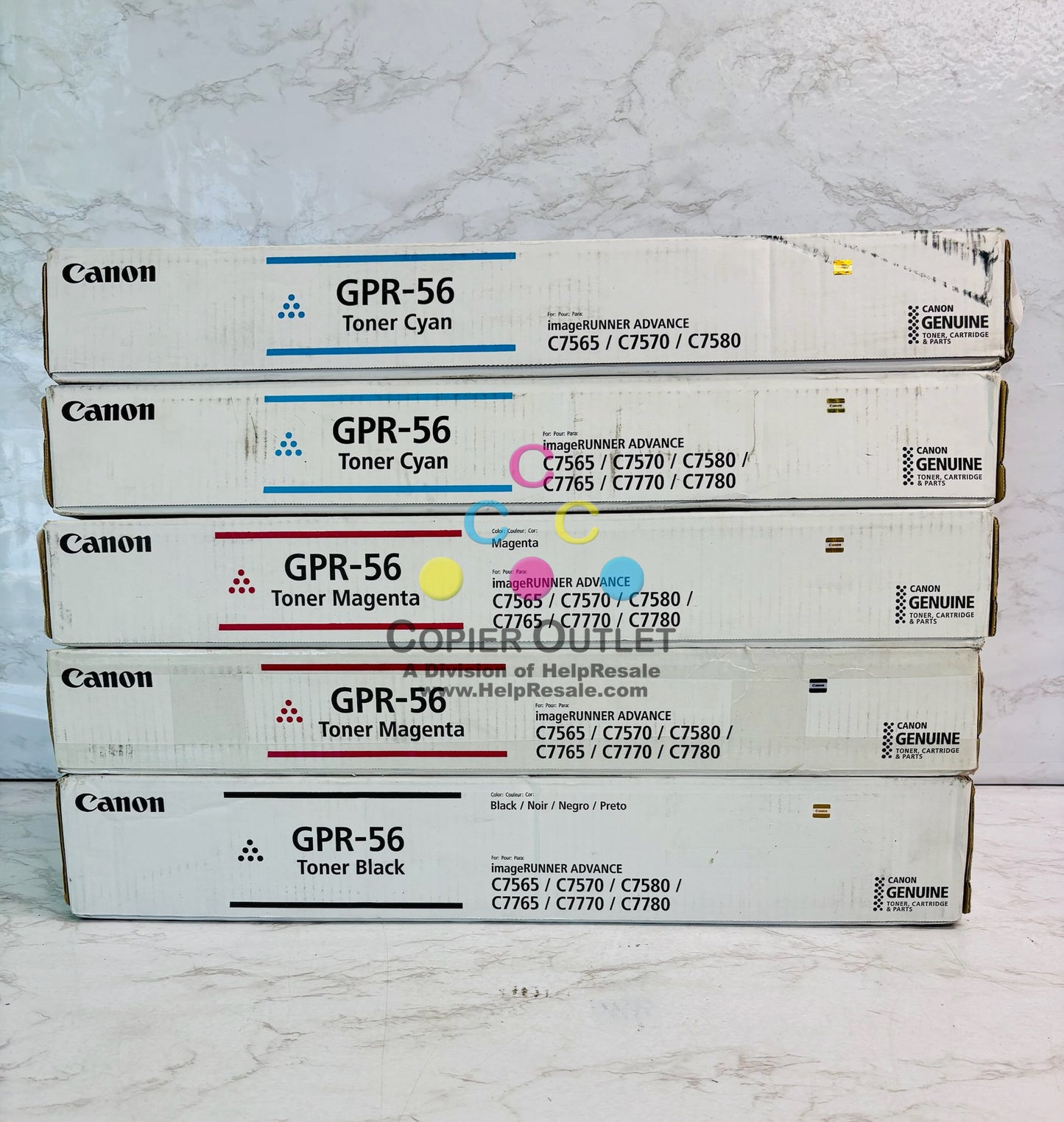 5 Genuine Canon iRAdv C7565,C7570,C7580 Cyan, Magenta, Black Toner GPR-56, GPR56