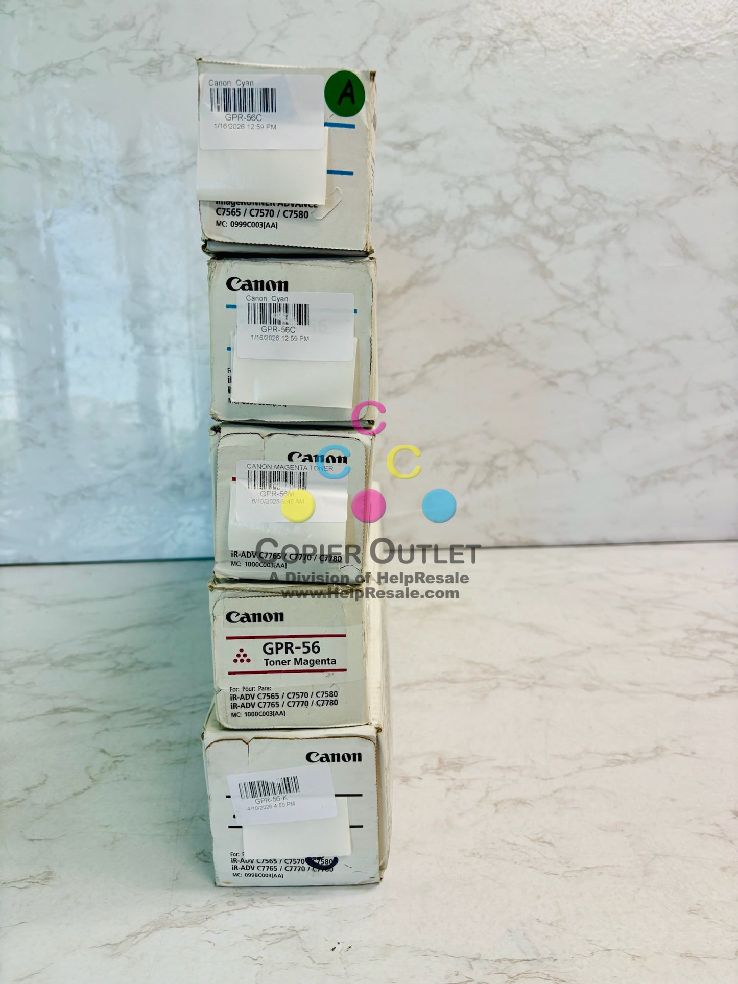 5 Genuine Canon iRAdv C7565,C7570,C7580 Cyan, Magenta, Black Toner GPR-56, GPR56